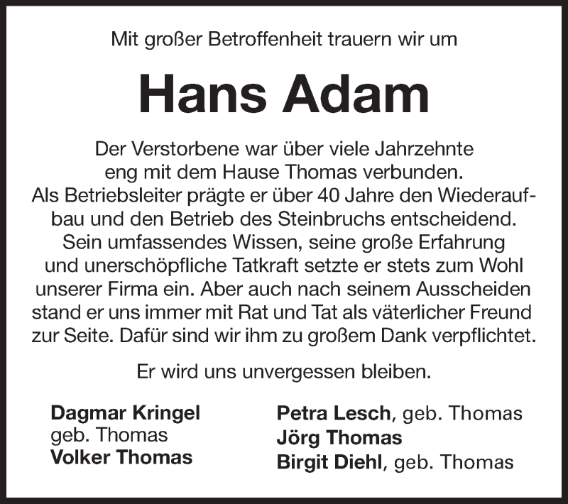  Traueranzeige für Hans Adam vom 22.06.2013 aus Echo-Zeitungen (Gesamtausgabe)