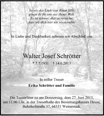 Traueranzeige von Walter Josef Schrötter von Echo-Zeitungen (Gesamtausgabe)