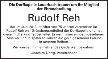 Traueranzeige von Rudolf Reh von Odenwälder Echo