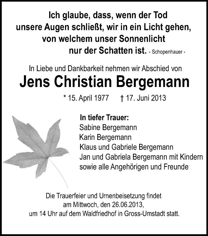  Traueranzeige für Jens Christian Bergemann vom 22.06.2013 aus Echo-Zeitungen (Gesamtausgabe)