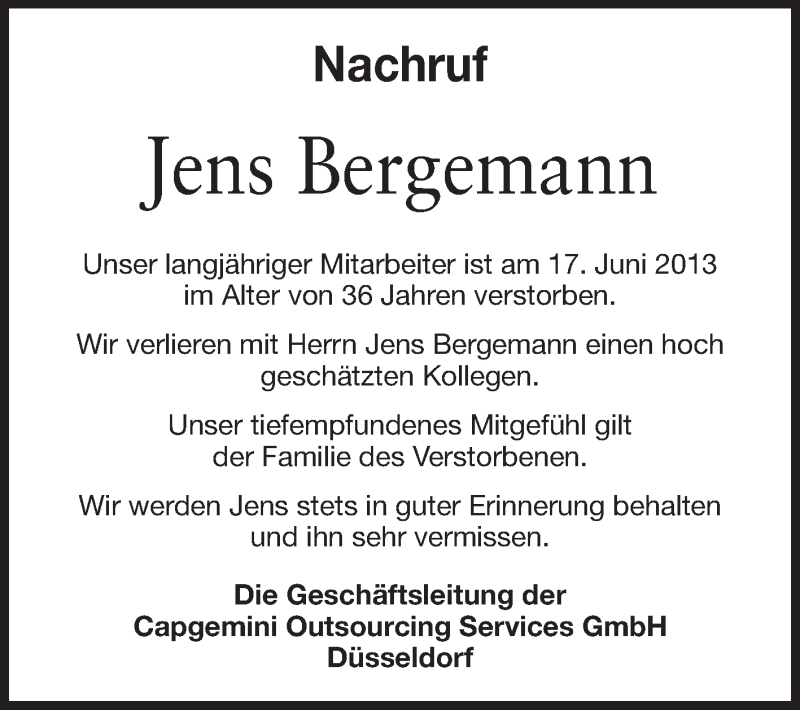  Traueranzeige für Jens Christian Bergemann vom 22.06.2013 aus Echo-Zeitungen (Gesamtausgabe)