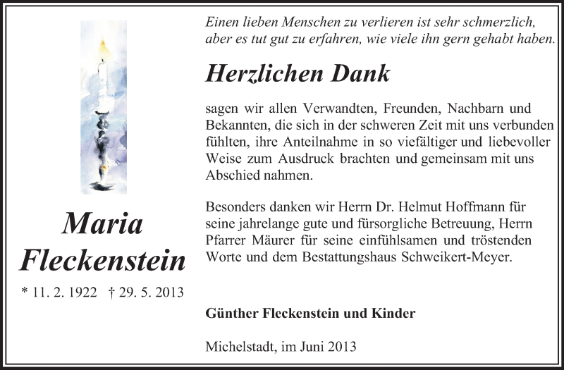  Traueranzeige für Maria Fleckenstein vom 22.06.2013 aus Odenwälder Echo