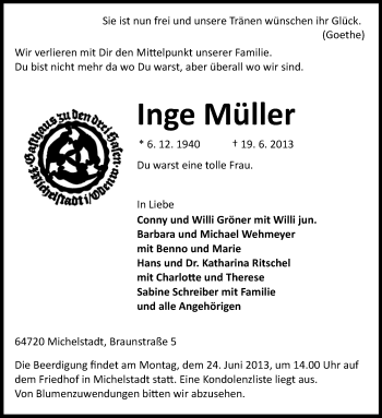 Traueranzeige von Inge Müller von Odenwälder Echo