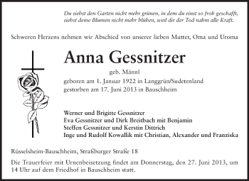 Traueranzeige von Anna Gessnitzer von Rüsselsheimer Echo, Groß-Gerauer-Echo, Ried Echo