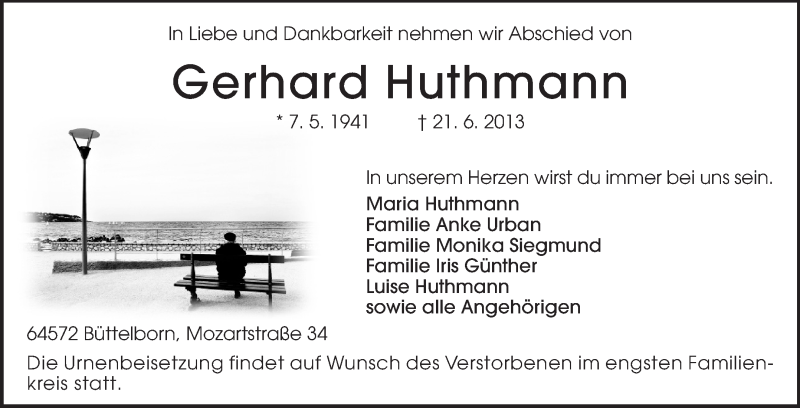  Traueranzeige für Gerhard Huthmann vom 26.06.2013 aus Echo-Zeitungen (Gesamtausgabe)