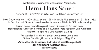 Traueranzeige von Hans Sauer von Echo-Zeitungen (Gesamtausgabe)