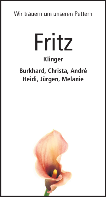 Traueranzeige von Fritz Klinger von Odenwälder Echo