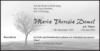 Traueranzeige von Maria Theresia Demel von Rüsselsheimer Echo, Groß-Gerauer-Echo, Ried Echo