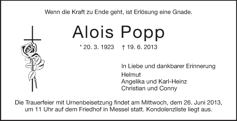  Traueranzeige für Alois Popp vom 24.06.2013 aus Echo-Zeitungen (Gesamtausgabe)