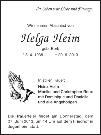 Traueranzeige von Helga Heim von Echo-Zeitungen (Gesamtausgabe)