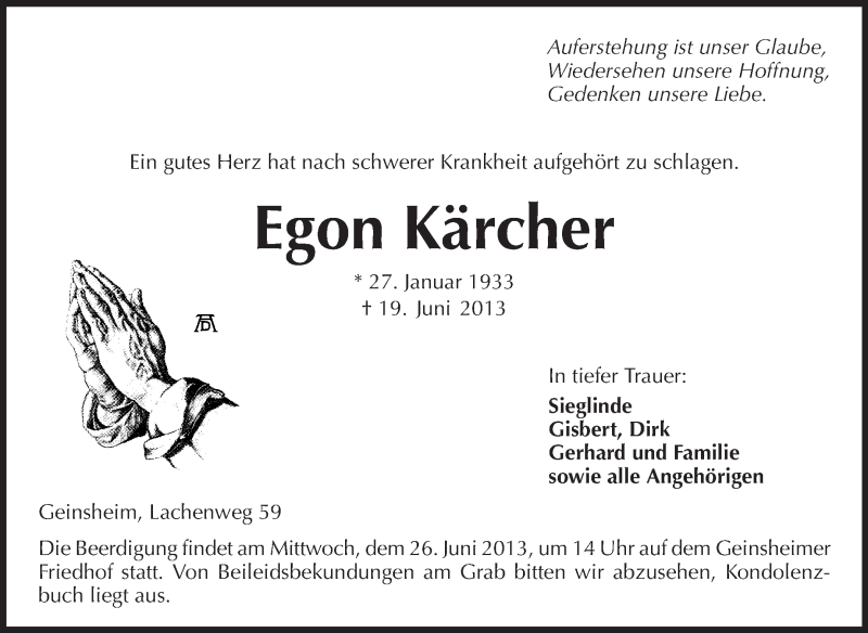  Traueranzeige für Egon Kärcher vom 24.06.2013 aus Rüsselsheimer Echo, Groß-Gerauer-Echo, Ried Echo