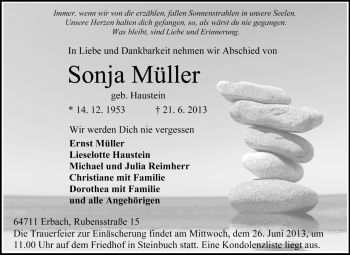 Traueranzeige von Sonja Müller von Odenwälder Echo