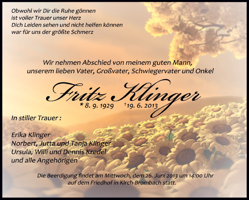  Traueranzeige für Fritz Klinger vom 24.06.2013 aus Odenwälder Echo