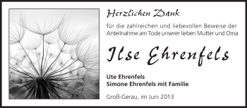 Traueranzeige von Ilse Ehrenfels von Rüsselsheimer Echo, Groß-Gerauer-Echo, Ried Echo