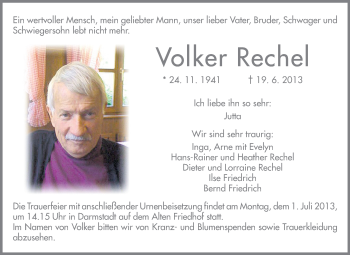 Traueranzeige von Volker Rechel von Darmstädter Echo, Odenwälder Echo, Rüsselsheimer Echo, Groß-Gerauer-Echo, Ried Echo