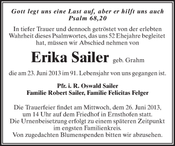 Traueranzeige von Erika Sailer von Echo-Zeitungen (Gesamtausgabe)