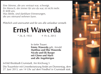 Traueranzeige von Ernst Wawerda von Rüsselsheimer Echo, Groß-Gerauer-Echo, Ried Echo
