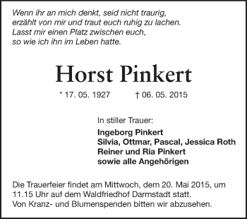 Traueranzeige von Horst Pinkert von Echo-Zeitungen (Gesamtausgabe)