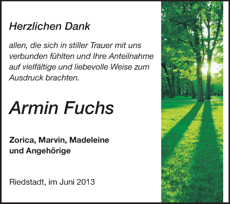  Traueranzeige für Armin Fuchs vom 29.06.2013 aus Rüsselsheimer Echo, Groß-Gerauer-Echo, Ried Echo