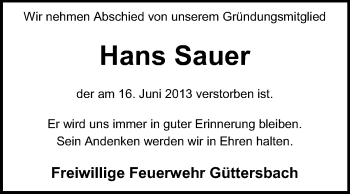 Traueranzeige von Hans Sauer von Odenwälder Echo