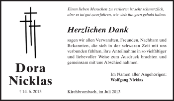 Traueranzeige von Dora Nicklas von Odenwälder Echo