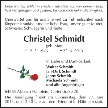 Traueranzeige von Christel Schmidt von Echo-Zeitungen (Gesamtausgabe)