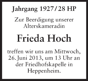 Traueranzeige von Frieda Hoch von Starkenburger Echo