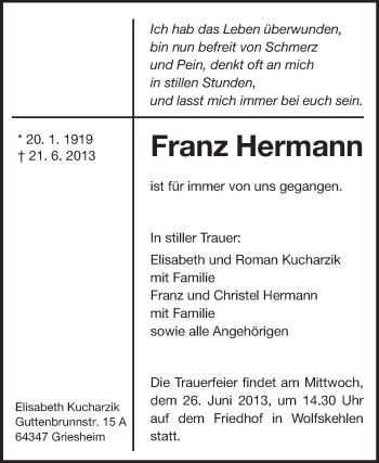 Traueranzeige von Franz Hermann von Rüsselsheimer Echo, Groß-Gerauer-Echo, Ried Echo