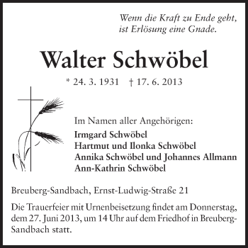 Traueranzeige von Walter Schwöbel von Odenwälder Echo