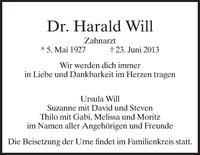  Traueranzeige für Harald Will vom 29.06.2013 aus Echo-Zeitungen (Gesamtausgabe)