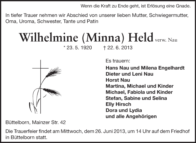  Traueranzeige für Minna Held vom 25.06.2013 aus Rüsselsheimer Echo, Groß-Gerauer-Echo, Ried Echo