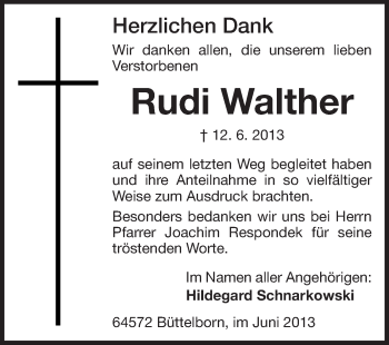Traueranzeige von Rudi Walther von Rüsselsheimer Echo, Groß-Gerauer-Echo, Ried Echo