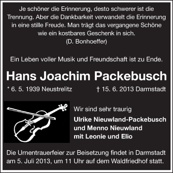 Traueranzeige von Hans Joachim Packebusch von Echo-Zeitungen (Gesamtausgabe)