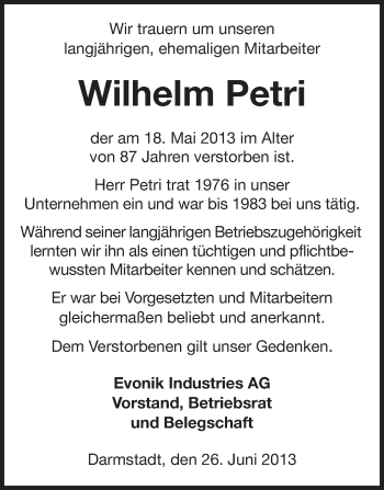 Traueranzeige von Wilhelm Petri von Echo-Zeitungen (Gesamtausgabe)