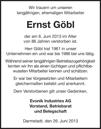 Traueranzeige von Ernst Göbl von Echo-Zeitungen (Gesamtausgabe)