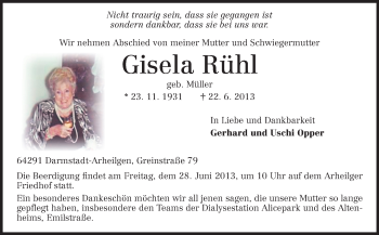 Traueranzeige von Gisela Rühl von Echo-Zeitungen (Gesamtausgabe)