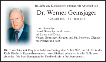 Traueranzeige von Werner Gemsjäger von Echo-Zeitungen (Gesamtausgabe)