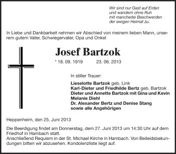 Traueranzeige von Josef Bartzok von Starkenburger Echo