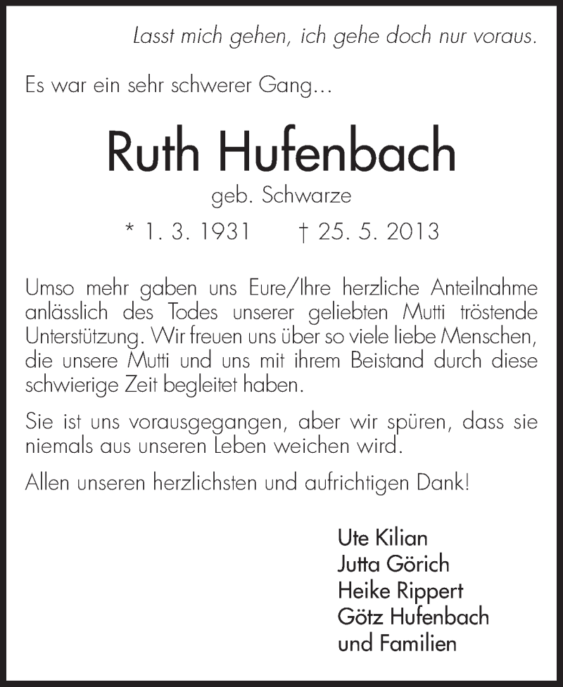  Traueranzeige für Ruth Hufenbach vom 29.06.2013 aus Echo-Zeitungen (Gesamtausgabe)