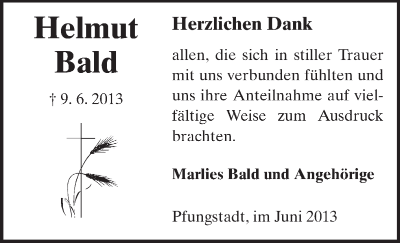  Traueranzeige für Helmut Bald vom 29.06.2013 aus Echo-Zeitungen (Gesamtausgabe)
