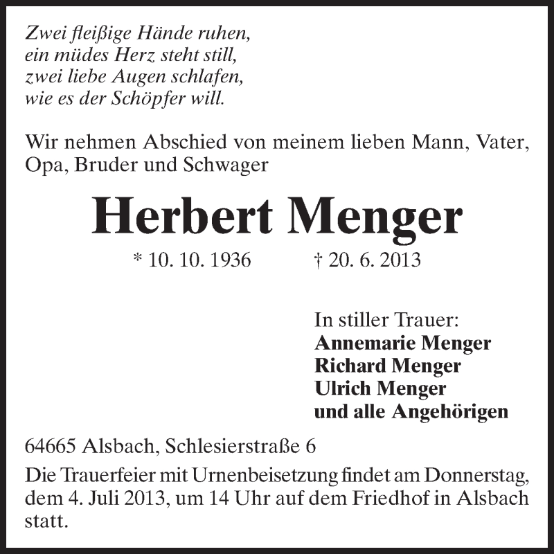  Traueranzeige für Herbert Menger vom 29.06.2013 aus Echo-Zeitungen (Gesamtausgabe)