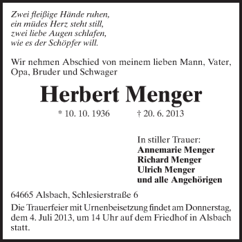 Traueranzeige von Herbert Menger von Echo-Zeitungen (Gesamtausgabe)