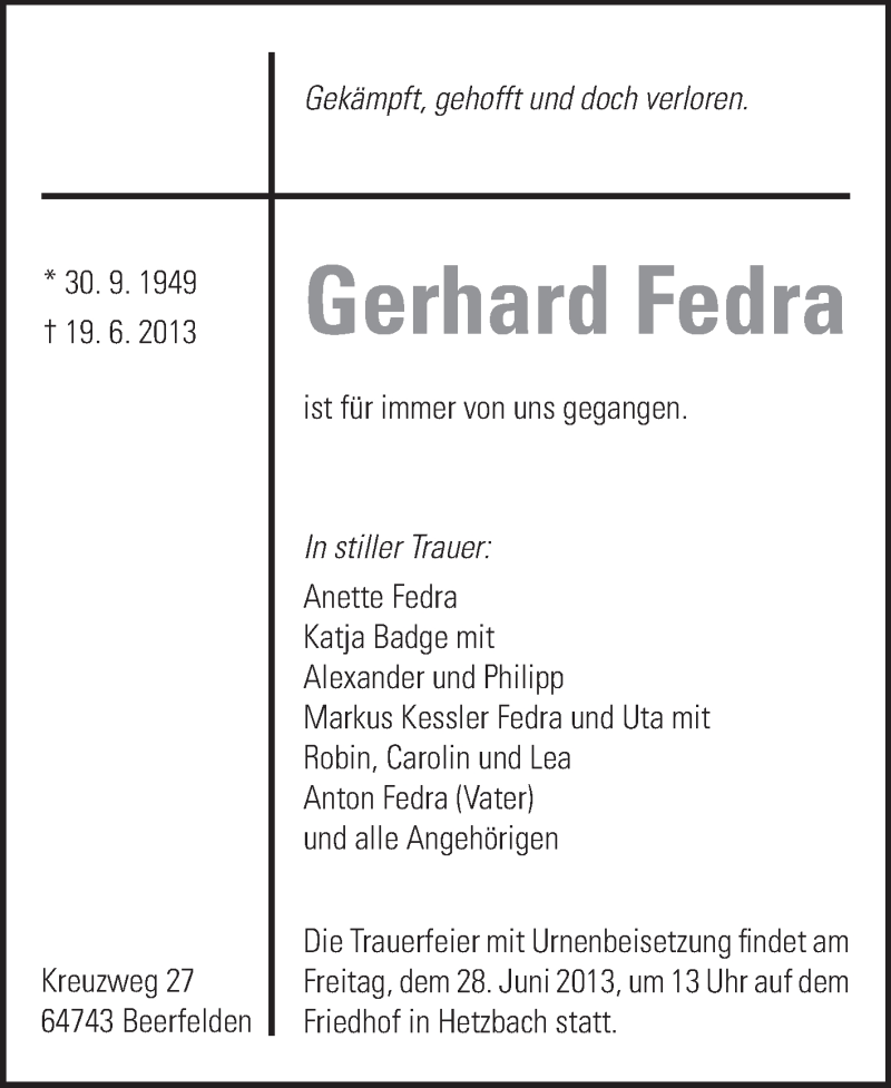  Traueranzeige für Gerhard Fedra vom 26.06.2013 aus Odenwälder Echo