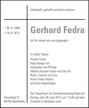 Traueranzeige von Gerhard Fedra von Odenwälder Echo