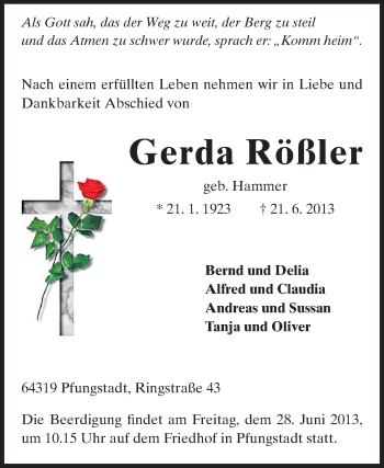 Traueranzeige von Gerda Rößler von Echo-Zeitungen (Gesamtausgabe)