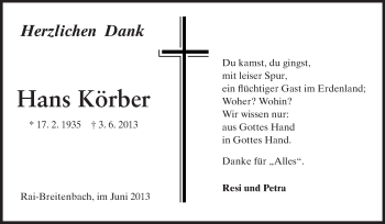 Traueranzeige von Hans Körber von Odenwälder Echo
