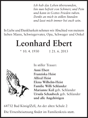 Traueranzeige von Leonhard Ebert von Odenwälder Echo
