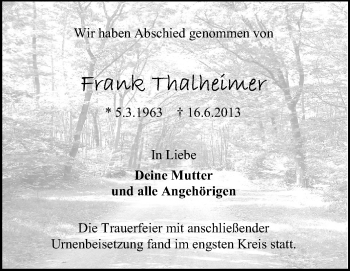 Traueranzeige von Frank Thalheimer von Echo-Zeitungen (Gesamtausgabe)