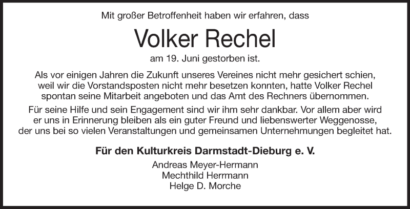  Traueranzeige für Volker Rechel vom 26.06.2013 aus Echo-Zeitungen (Gesamtausgabe)