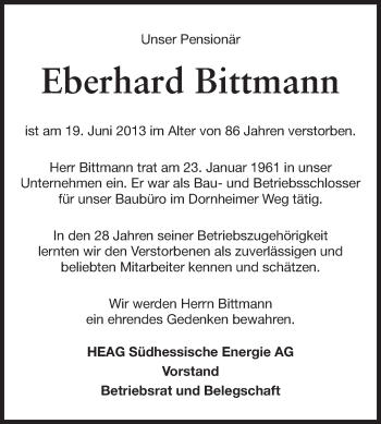 Traueranzeige von Eberhard Bittmann von Echo-Zeitungen (Gesamtausgabe)